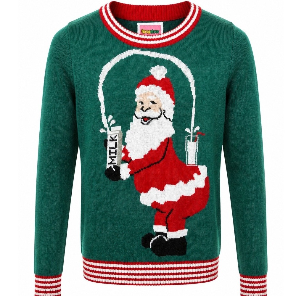 Tipsy Elves "Big Booty Santa" Milk Sweater Men's Ugly Green Striped Regular